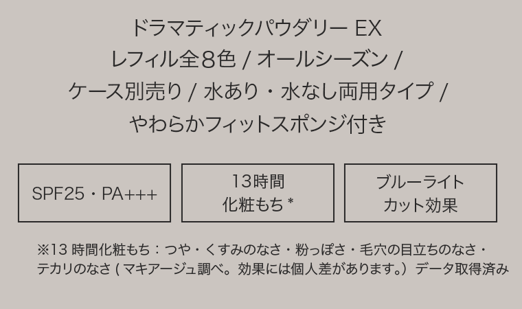 ドラマティックパウダリー EX　レフィル全8色/オールシーズン/ケース別売り/水あり・水なし両用タイプ/やわらかフィットスポンジ付き　[SPF25・PA+++] [13時間化粧もち*] [ブルーライトカット効果]　*13時間化粧もち：つや・くすみのなさ・粉っぽさ・毛穴の目立ちのなさ・テカリのなさ(マキアージュ調べ。効果には個人差があります。）データ取得済み