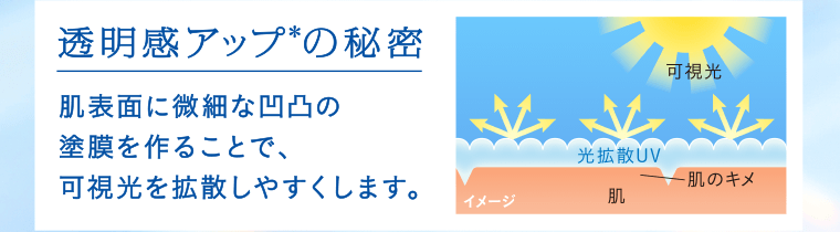 透明感アップ＊の秘密　肌表面に微細な凹凸の塗膜を作ることで、可視光を拡散しやすくします。