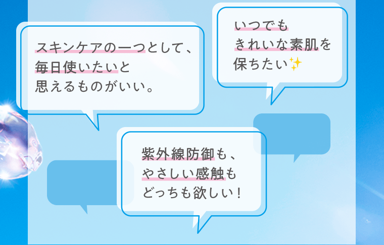 「スキンケアの一つとして、毎日使いたいと思えるものがいい。」「いつでもきれいな素肌を保ちたい」「紫外線防御も、やさしい感触もどっちも欲しい！」