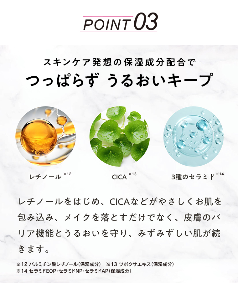 スキンケア発想の保湿成分配合でつっぱらずうるおいキープ 