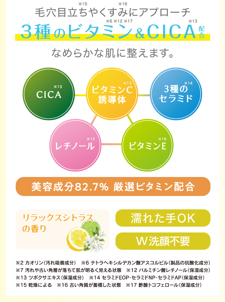 毛穴目立ちやくすみにアプローチ 3種のビタミン&CICA配合 なめらかな肌に整えます。