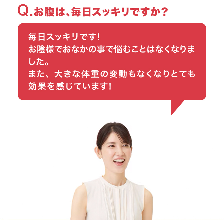 Q. お腹は、毎日スッキリですか?毎日スッキリです! お陰様でおなかの事で悩むことはなくなりました。 また、 大きな体重の変動もなくなりとても効果を感じています!