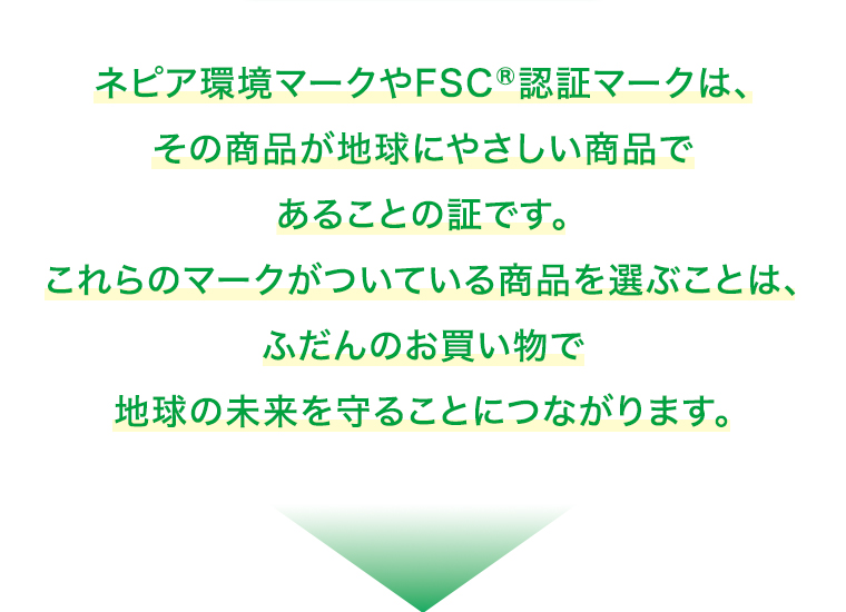 ネピア環境マークやFSC認証マークは、その商品が地球にやさしい商品であることの証です