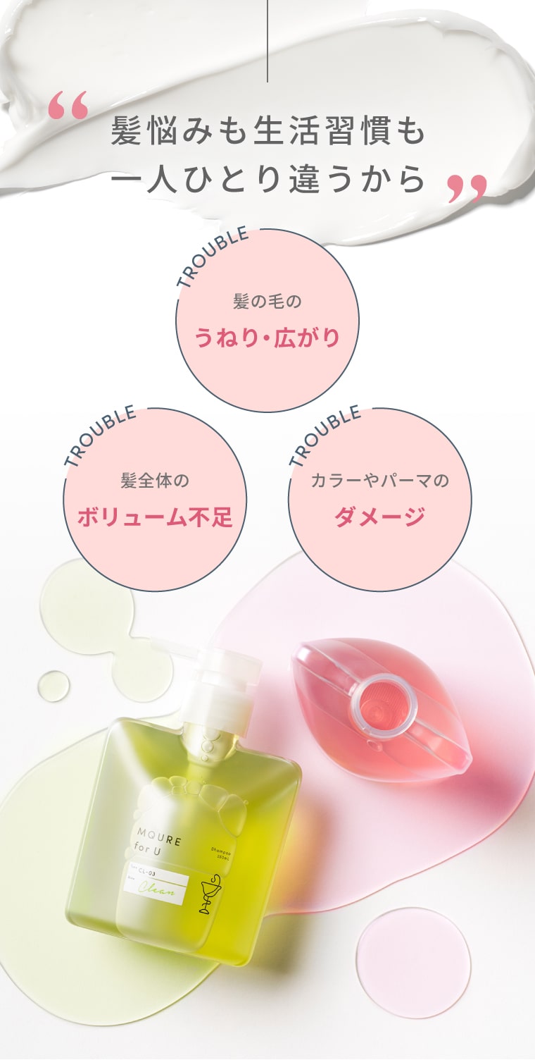 髪悩みも生活習慣も一人ひとり違うから 髪の毛のうねり・広がり/髪全体のボリューム不足/カラーやパーマのダメージ