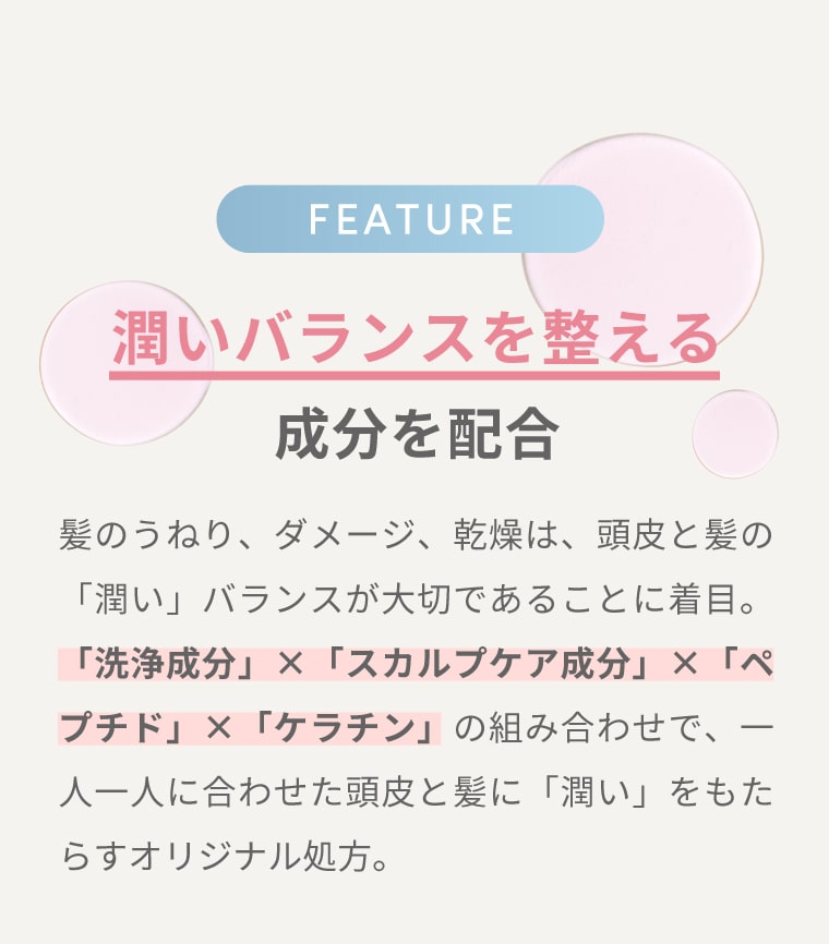 【潤いバランスを整える成分を配合】髪のうねり、ダメージ、乾燥は、頭⽪と髪の「潤い」バランスが大切であることに着目。「洗浄成分」×「スカルプケア成分」×「ペプチド」×「ケラチン」の組み合わせで、一人一人に合わせた頭皮と髪に「潤い」をもたらすオリジナル処方。