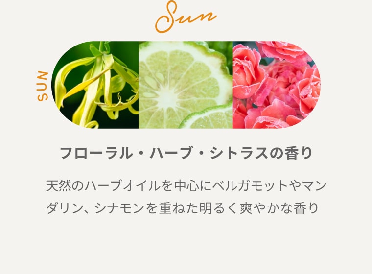 SUN【フローラル・ハーブ・シトラスの⾹り】天然のハーブオイルを中心にベルガモットやマンダリン、シナモンを重ねた明るく爽やかな香り