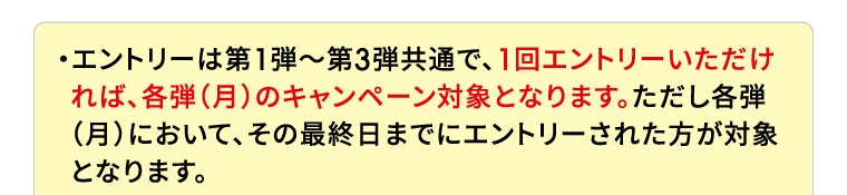 ・エントリーは第1弾～第3弾共通で、1回エントリーいただければ、各弾（月）のキャンペーン対象となります。ただし各弾（月）において、その最終日までにエントリーされた方が対象となります。