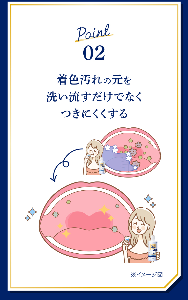 Point02　着色汚れの元を洗い流すだけでなくつきにくくする