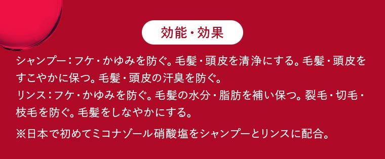 【効能・効果】シャンプー：フケ・かゆみを防ぐ。毛髪・頭皮を清浄にする。毛髪・頭皮をすこやかに保つ。毛髪・頭皮の汗臭を防ぐ。リンス：フケ・かゆみを防ぐ。毛髪の水分・脂肪を補い保つ。裂毛・切毛・枝毛を防ぐ。毛髪をしなやかにする。※日本で初めてミコナゾール硝酸塩をシャンプーとリンスに配合。