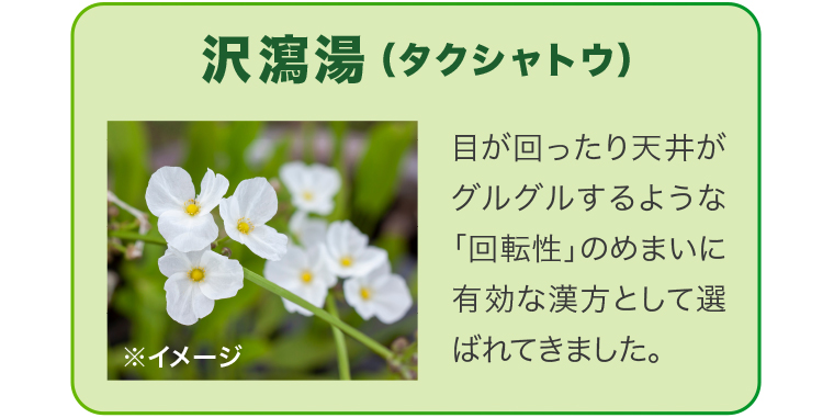 【沢瀉湯タクシャトウ】目が回ったり天井がグルグルするような「回転性」のめまいに有効な漢方として選ばれてきました。