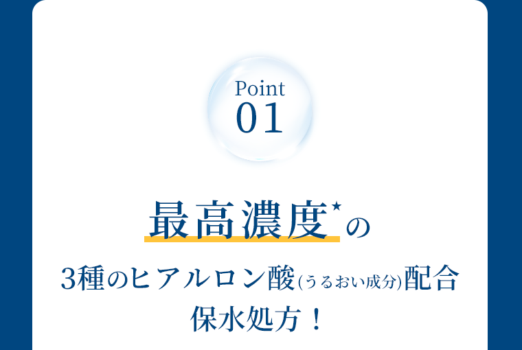 Point 01　最高濃度*の3種のヒアルロン酸（うるおい成分）配合保水処方！