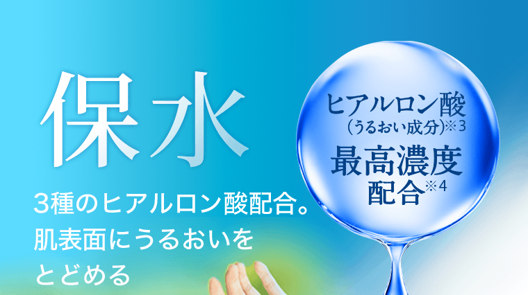 保水　3種のヒアルロン酸配合。肌表面にうるおいをとどめる　ヒアルロン酸（うるおい成分）※3　最高濃度配合※4