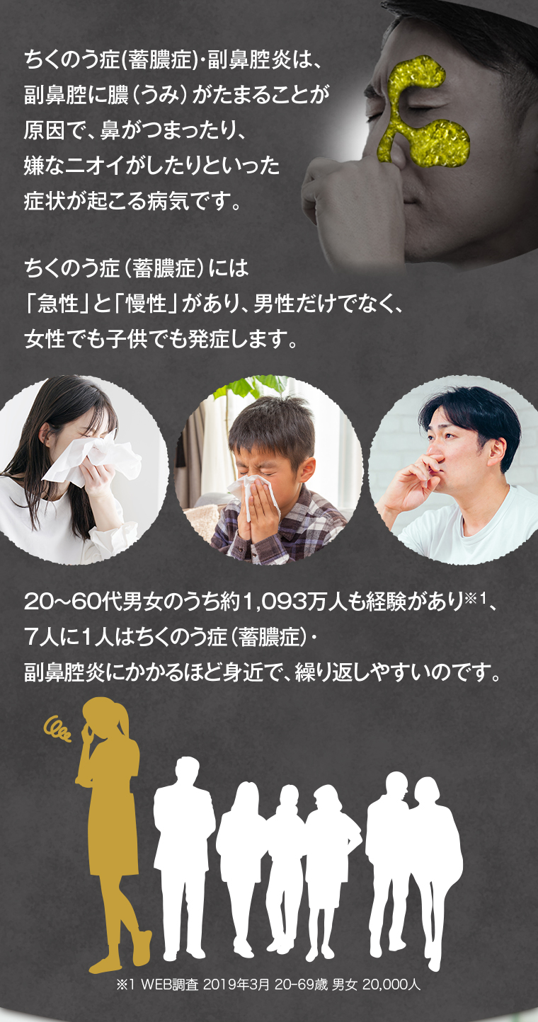 ちくのう症（蓄膿症）・副鼻腔炎は、副鼻腔に膿（うみ）がたまることが原因で、鼻がつまったり、嫌な臭いがしたりといった症状が起こる病気です。