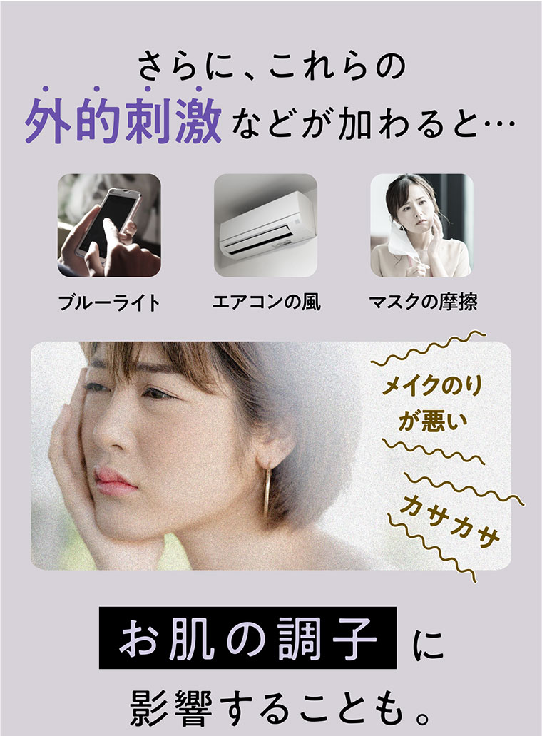 さらに、これらの外的刺激などが加わると…お肌の調子に影響することも。