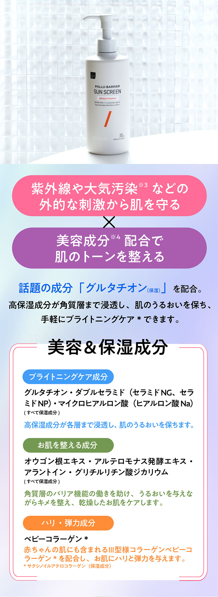 話題の成分「グルタチオン（保湿）」を配合。高保湿成分が角質層まで浸透し、肌のうるおいを保ち、手軽にブライトニングケア*できます。