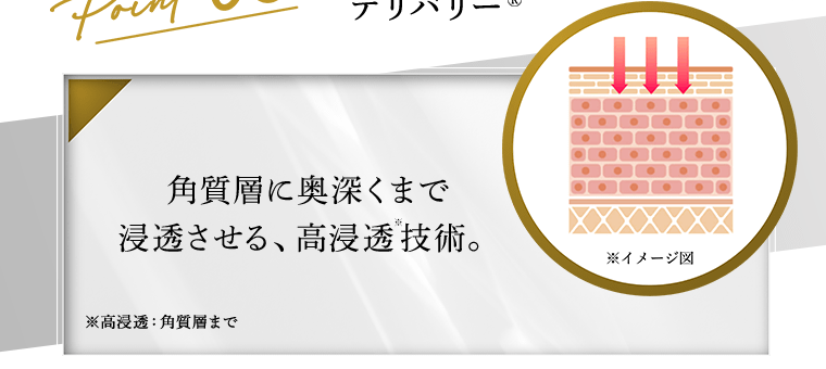 角質層に奥深くまで浸透させる、高浸透※技術。　※高浸透：角質層まで