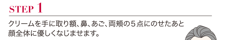 STEP1／クリームを手に取り額、鼻、あご、両頬の5点にのせたあと顔全体に優しくなじませます。