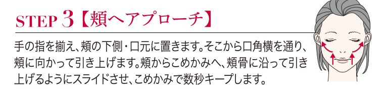 STEP3【頬へアプローチ】／手の指を揃え、頬の下側・口元に置きます。そこから口角横を通り、頬に向かって引き上げます。頬からこめかみへ、頬骨に沿って引き上げるようにスライドさせ、こめかみで数秒キープします。