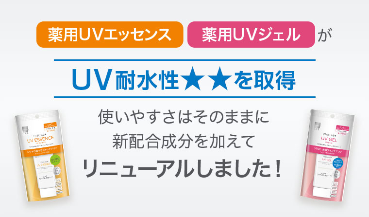 薬用UVエッセンス 薬用UVジェルが UV耐水性★★を取得 使いやすさはそのままに新配合成分を加えてリニューアルしました！