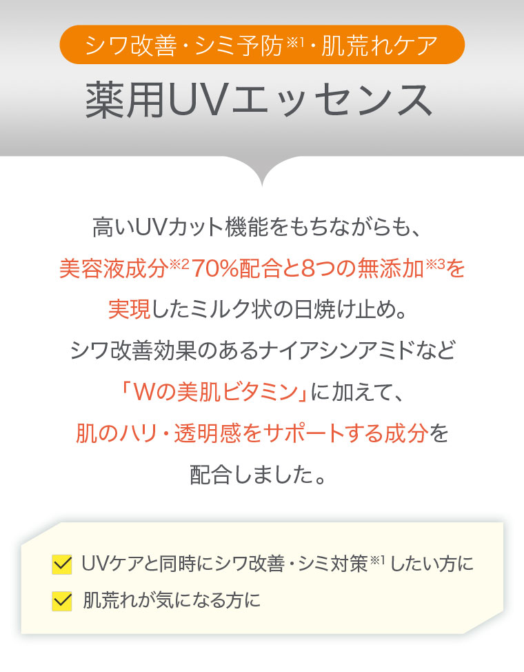 シワ改善・シミ予防※1・肌荒れケア 薬用UVエッセンス 高いUVカット機能をもちながらも 美容液成分※2 70%配合と8つの無添加※3を実現したミルク状の日焼け止め シワ改善効果のあるナイアシンアミドなど 「Wの美肌ビタミン」に加えて 肌のハリ・透明感をサポートする成分を配合しました UVケアと同時にシワ改善・シミ対策※1したい方に 肌荒れが気になる方に