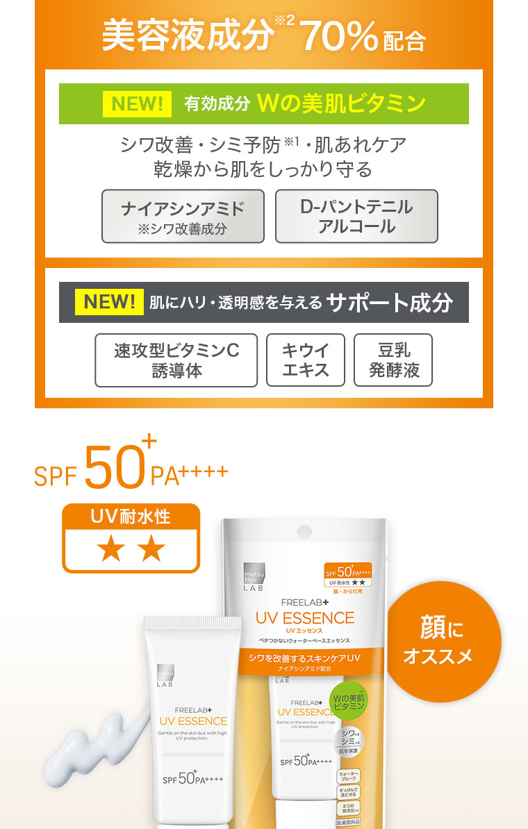 美容液成分※2 70%配合 NEW！ 有効成分 Wの美肌ビタミン シワ改善・シミ予防※1・肌あれケア 乾燥から肌をしっかり守る ナイアシンアミド※シワ改善成分 D-パントテニルアルコール NEW！ 肌にハリ・透明感を与えるサポート成分 速攻型ビタミンC誘導体 キウイエキス 豆乳発酵液 SPF50+ PA++++ UV耐水性★★ 顔にオススメ