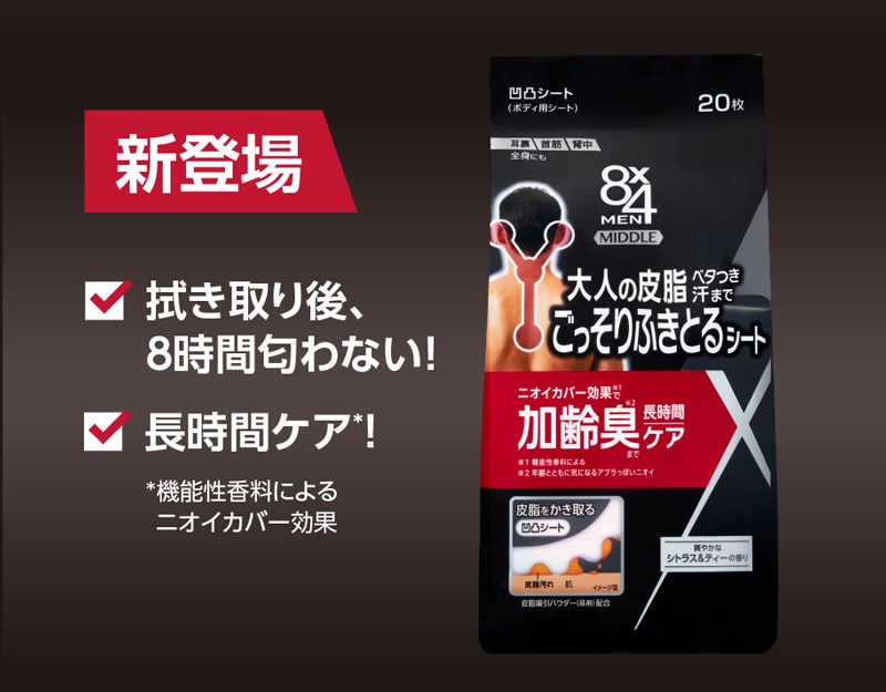 新登場/拭き取り後、8時間匂わない！/長時間ケア*! *機能性香料によるニオイカバー効果
