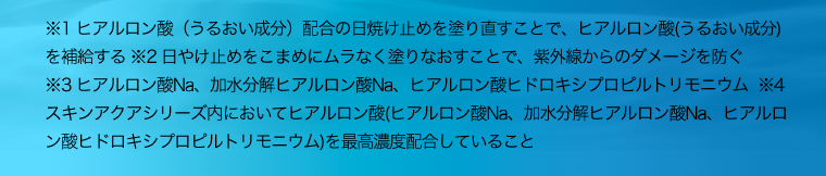 ※1 ヒアルロン酸（うるおい成分）配合の日焼け止めを塗り直すことで、ヒアルロン酸(うるおい成分)を補給する ※2 日やけ止めをこまめにムラなく塗りなおすことで、紫外線からのダメージを防ぐ　※3 ヒアルロン酸Na、加水分解ヒアルロン酸Na、ヒアルロン酸ヒドロキシプロピルトリモニウム  ※4 スキンアクアシリーズ内においてヒアルロン酸(ヒアルロン酸Na、加水分解ヒアルロン酸Na、ヒアルロン酸ヒドロキシプロピルトリモニウム)を最高濃度配合していること