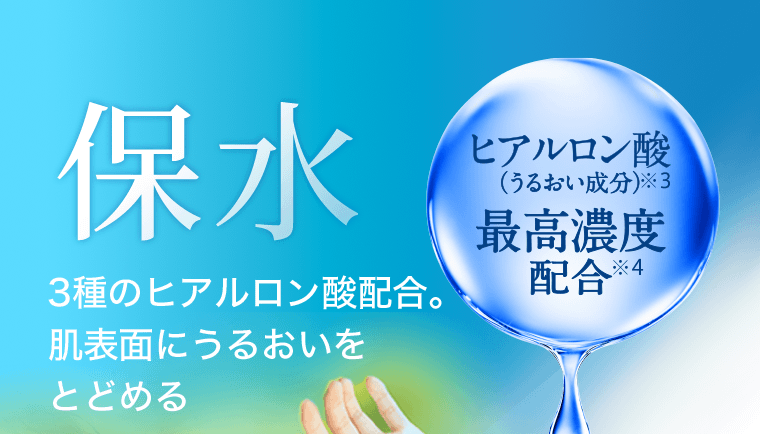 保水　3種のヒアルロン酸配合。肌表面にうるおいをとどめる　ヒアルロン酸（うるおい成分）※3　最高濃度配合※4