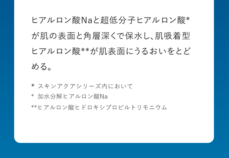 ヒアルロン酸Naと超低分子ヒアルロン酸*が肌の表面と角層深くで保水し、肌吸着型ヒアルロン酸**が肌表面にうるおいをとどめる。★スキンアクアシリーズ内において　*  加水分解ヒアルロン酸Na　**ヒアルロン酸ヒドロキシプロピルトリモニウム