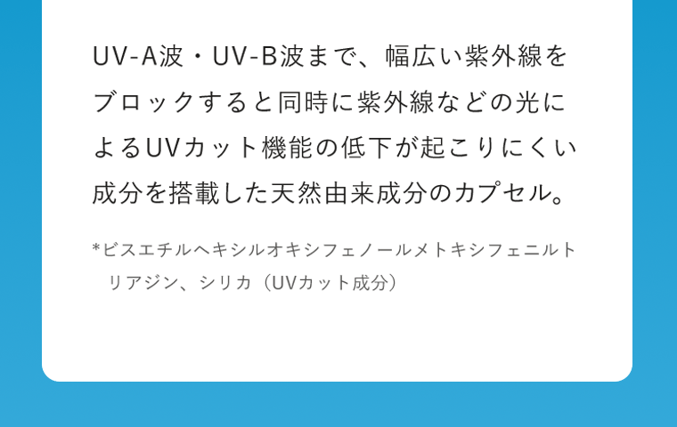 UV-A波・UV-B波まで、幅広い紫外線をブロックすると同時に紫外線などの光によるUVカット機能の低下が起こりにくい成分を搭載した天然由来成分のカプセル。*ビスエチルヘキシルオキシフェノールメトキシフェニルトリアジン、シリカ（UVカット成分）