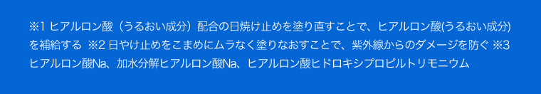 ※1 ヒアルロン酸（うるおい成分）配合の日焼け止めを塗り直すことで、ヒアルロン酸(うるおい成分)を補給する  ※2 日やけ止めをこまめにムラなく塗りなおすことで、紫外線からのダメージを防ぐ ※3 ヒアルロン酸Na、加水分解ヒアルロン酸Na、ヒアルロン酸ヒドロキシプロピルトリモニウム 