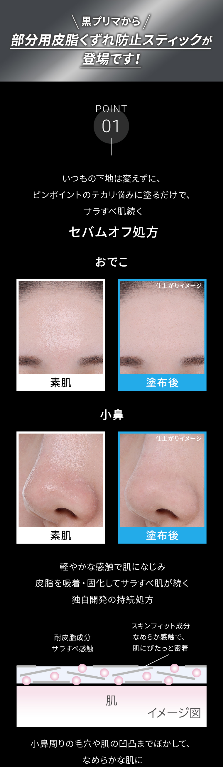 黒プリマから、部分用皮脂くずれ防止スティックが登場です！POINT01