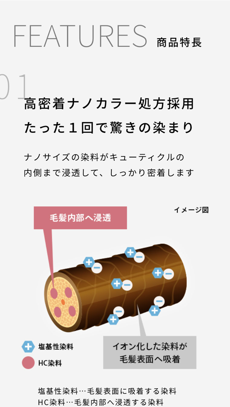 商品特長 01 高密着ナノカラー処方採用