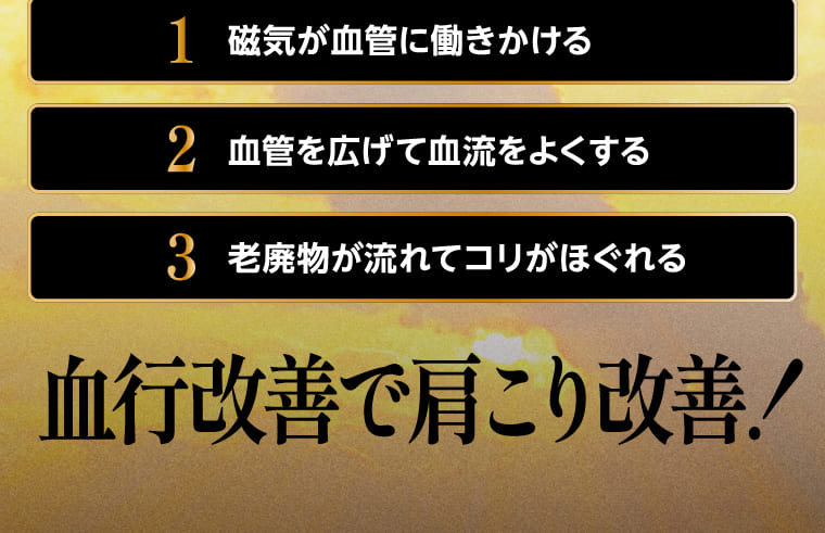 1.磁気が血管に働きかける 2.血管を広げて血流をよくする 3.老廃物が流れてコリがほぐれる 血行改善で肩こり改善！