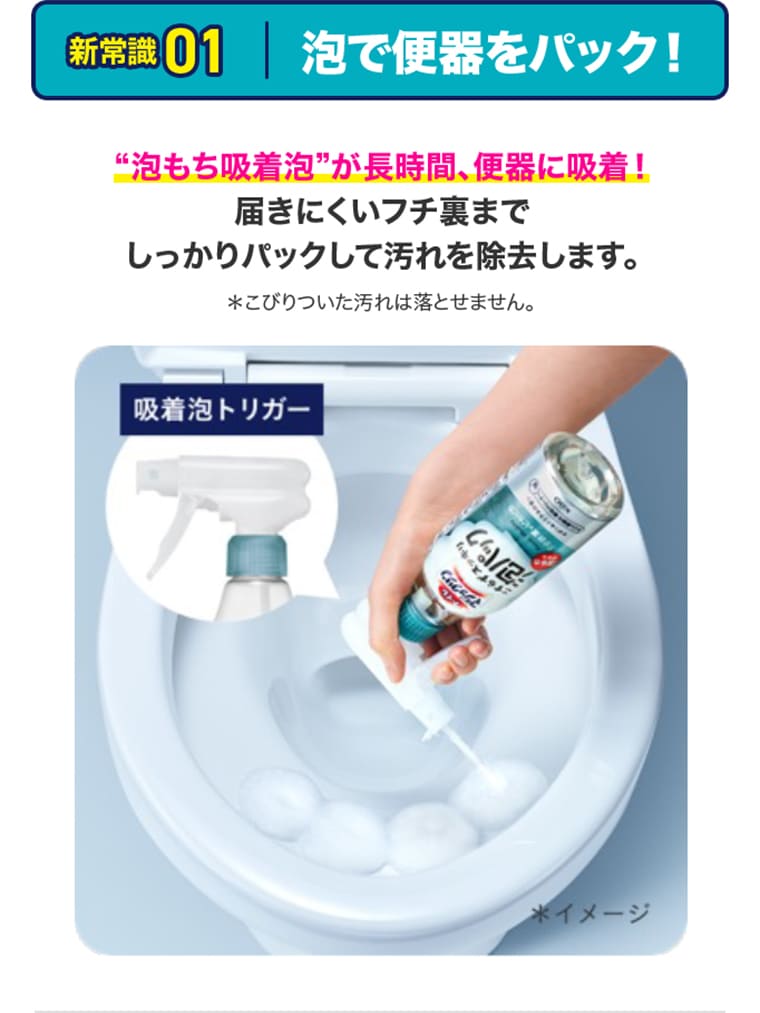 新常識01|泡で便器をパック！ ”泡もち吸着泡”が長時間、便器に吸着！届きにくいフチ裏までしっかりパックして汚れを除去します。＊こびりついた汚れは落とせません。