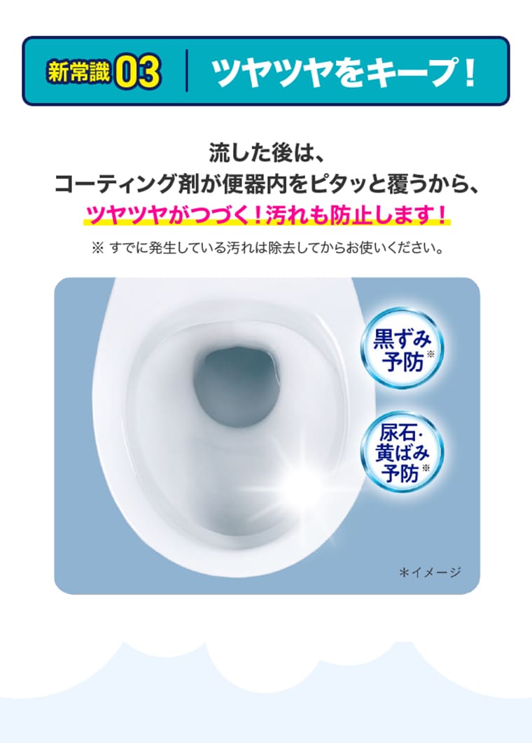 新常識03|ツヤツヤをキープ！ 流した後は、コーティング剤が便器内をピタッと覆うから、ツヤツヤがつづく！汚れも防止します！※すでに発生している汚れは除去してからお使いください。