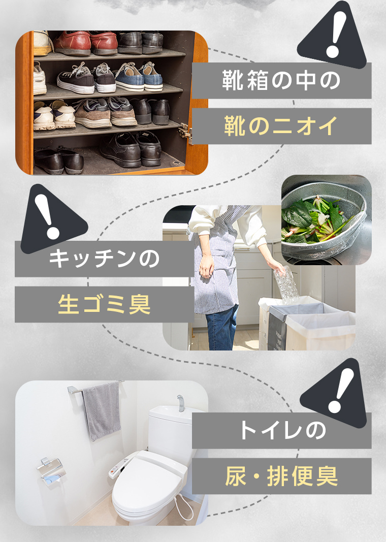靴箱の中の靴のニオイ、キッチンの生ゴミ臭、トイレの尿・排便臭