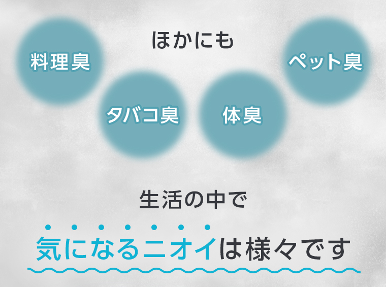 ほかにも、料理臭、タバコ臭、体臭、ペット臭、生活の中で気になるニオイは様々です