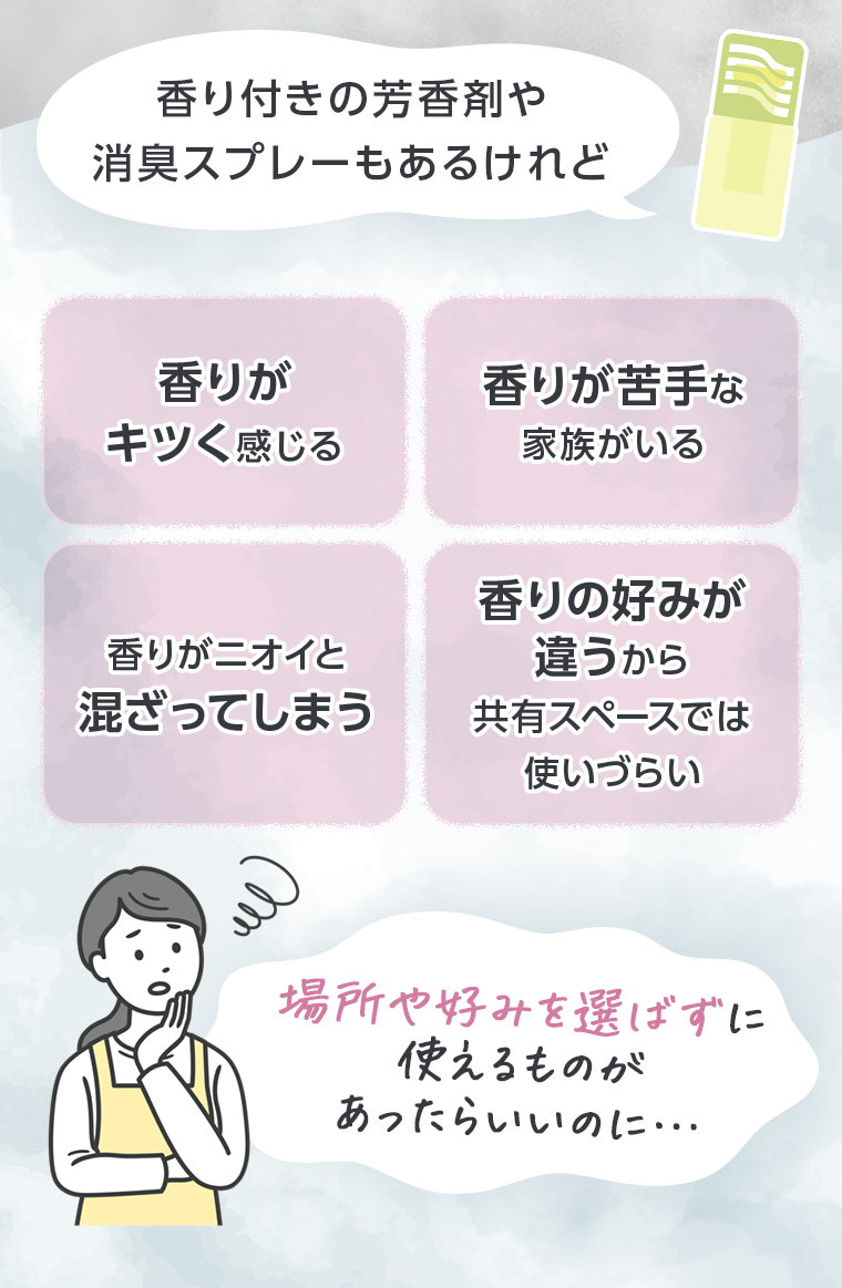 香り付きの芳香剤や消臭スプレーもあるけれど、香りがキツく感じる、香りが苦手な家族がいる、香りがニオイと混ざってしまう、香りの好みが違うから共有スペースでは使いづらい。「場所や好みを選ばずに使えるものがあったらいいのに…」