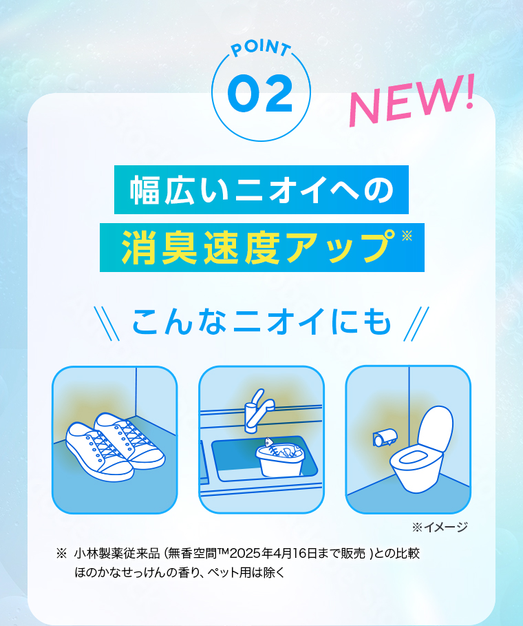 POINT02：幅広いニオイへの消臭速度アップ。こんなニオイにも(靴、キッチン、トイレ)