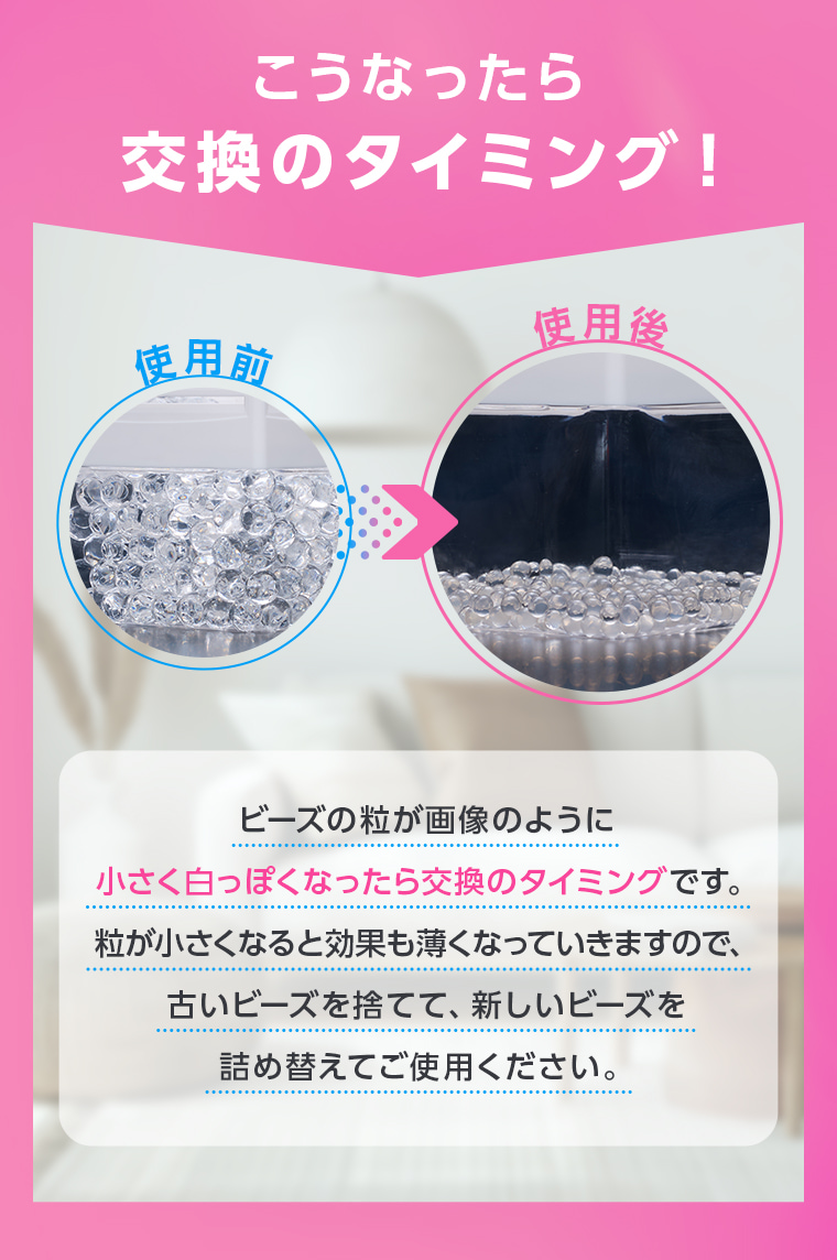 こうなったら交換のタイミング！ビーズの粒が画像のように小さく白っぽくなったら交換のタイミングです。粒が小さくなると効果も薄くなっていきますので、古いビーズを捨てて、新しいビーズを詰め替えてご使用ください。