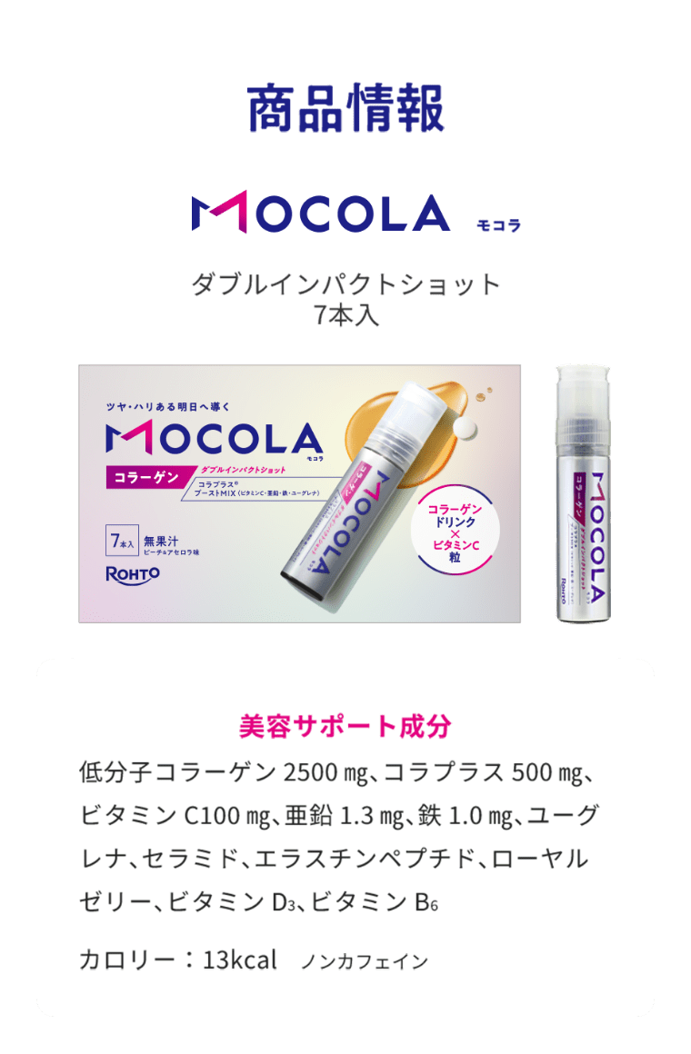 商品情報 モコラ ダブルインパクトショット 7本入 美容サポート成分 低分子コラーゲン 2500mg、コラプラス 500mg、ビタミンC 100mg、亜鉛 1.3mg、鉄 1.0mg、ユーグレナ、セラミド、エラスチンペプチド、ローヤルゼリー、ビタミンD3、ビタミンB6 カロリー：13kcal ノンカフェイン