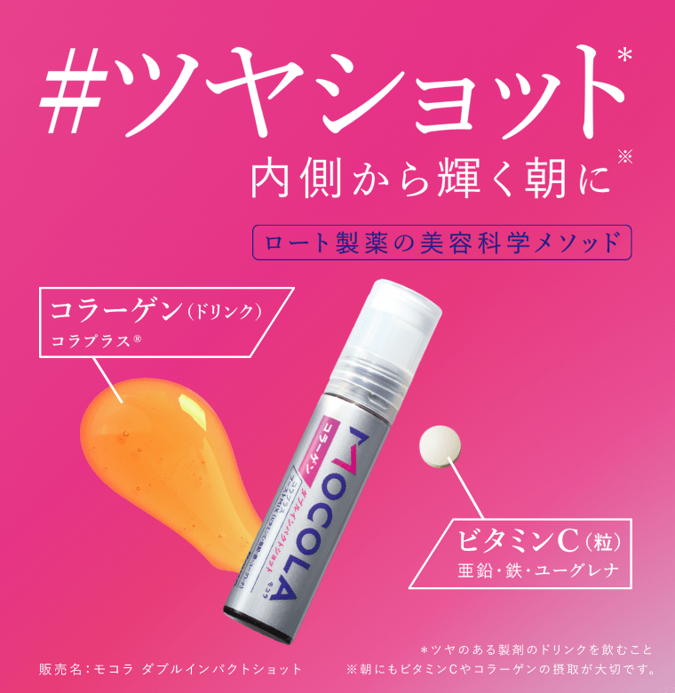 #ツヤショット* 内側から輝く朝に※ - ロート製薬の美容科学メソッド *ツヤのある製剤のドリンクを飲むこと ※朝にもビタミンCやコラーゲンの摂取が大切です