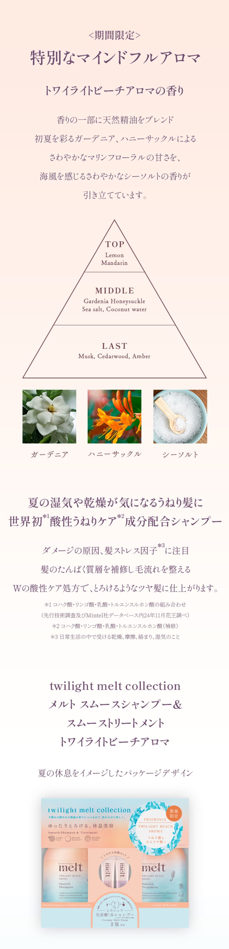 ＜期間限定＞ 特別なマインドフルアロマ トワイライトビーチアロマの香り 香りの一部に天然精油をブレンド 初夏を彩るガーデニア、ハニーサックルによるさわやかなマリンフローラルの甘さを、海風を感じるさわやかなシーソルトの香りが引き立てています。 TOP Lemon Mandarin MIDDLE Gardenia Honeysuckle Sea salt, Coconut water LAST Musk, Cedarwood, Amber ガーデニア ハニーサックル シーソルト 夏の湿気や乾燥が気になるうねり髪に 世界初1 酸性うねりケア2 成分配合シャンプー ダメージの原因、髪ストレス因子*3 に注目 髪のたんぱく質量を補修し毛流れを整える Wの酸性ケア処方で、とけるようなつや髪に仕上がります。 *1 コハク酸・リンゴ酸・乳酸・トルエンスルホン酸の組み合わせ（先行技術調査及びMintel社データベース内2024年1月花王調べ） *2 コハク酸・リンゴ酸・乳酸・トルエンスルホン酸（補修） *3 日常生活の中で受ける乾燥、摩擦、紫外線、熱、湿気のこと twilight melt collection メルト スムースシャンプー＆スムーストリートメント トワイライトビーチアロマ 夏の休息をイメージしたパッケージデザイン