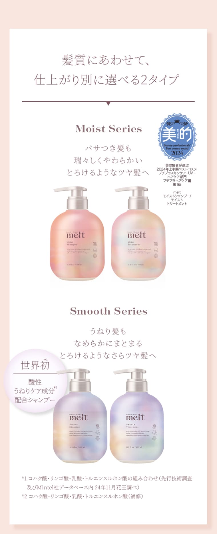 髪質にあわせて、仕上がり別に選べる2タイプ Moist Series パサつき髪も瑞々しくやわらかいとろけるようなツヤ髪へ 美的 Beauty professionals' Best cosme award 2024 美容誌『美的』2024年上半期ベストコスメ プチプラスキンケア・UV・ヘアケア部門 プチプラヘア部門 第1位 melt モイストシャンプー／モイストトリートメント Smooth Series うねり髪もなめらかにまとまるとろけるようなさらツヤ髪へ 世界初1 酸性うねりケア成分2 配合シャンプー *1 コハク酸・リンゴ酸・乳酸・トルエンスルホン酸の組み合わせ（先行技術調査及びMintel社データベース内 24年11月花王調べ） *2 コハク酸・リンゴ酸・乳酸・トルエンスルホン酸（補修）