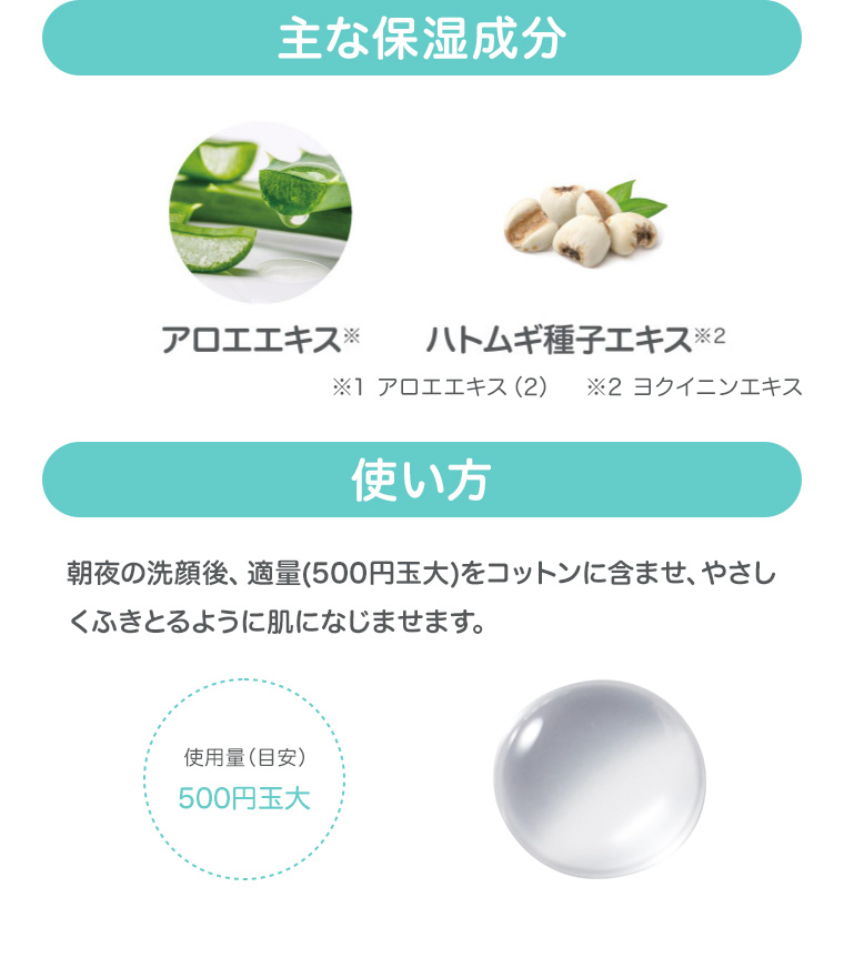 主な保湿成分　アロエエキス　ハトムギ種子エキス　使い方　使用量（目安）500円玉大