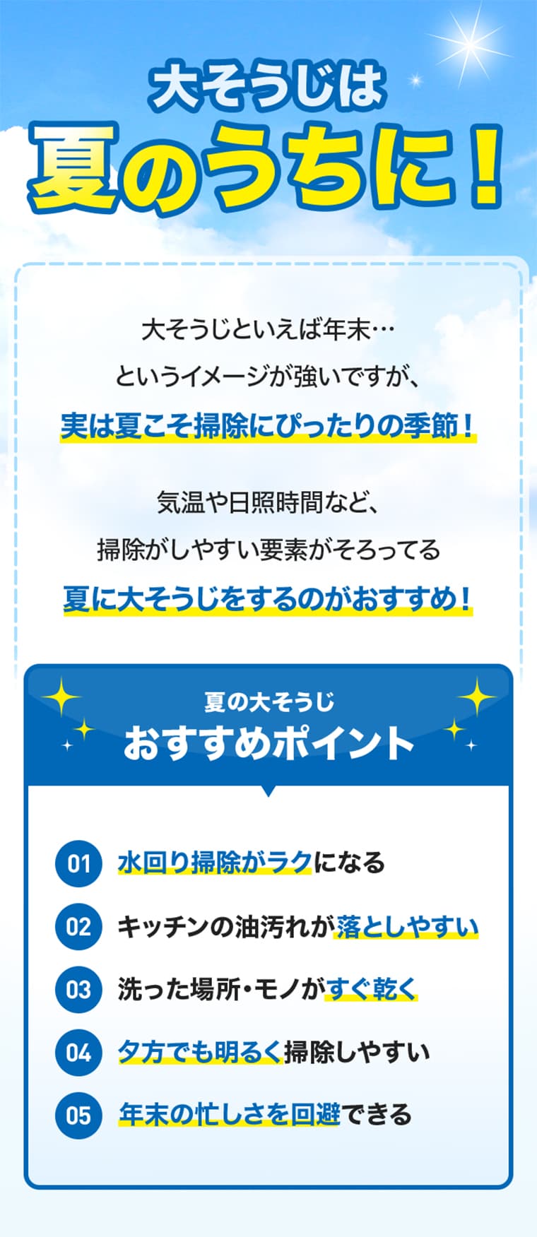 大そうじは夏のうちに！ 大そうじといえば年末…というイメージが強いですが、 実は夏こそ掃除にぴったりの季節！ 気温や日照時間など、掃除がしやすい要素がそろってる 夏に大そうじをするのがおすすめ！夏の大そうじ おすすめポイント 01 水回り掃除がラクになる 02 キッチンの油汚れが落としやすい 03 洗った場所・モノがすぐ乾く 04 夕方でも明るく掃除しやすい 05 年末の忙しさを回避できる
