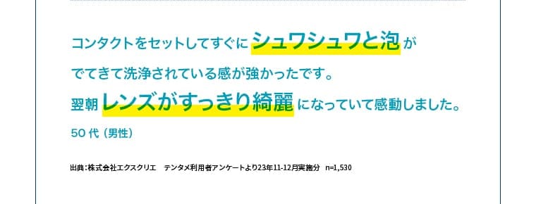 コンタクトをセットしてすぐにシュワシュワと泡ができて洗浄されている感が強かったです。翌朝レンズがすっきり綺麗になっていて感動しました。50代（男性）