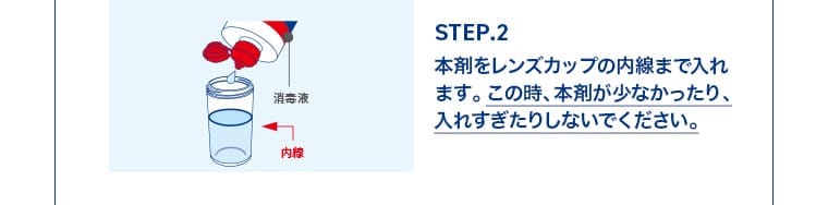 STEP.2 本剤をレンズカップの内線まで入れます。この時、本剤が少なかったり、入れすぎたりしないでください。