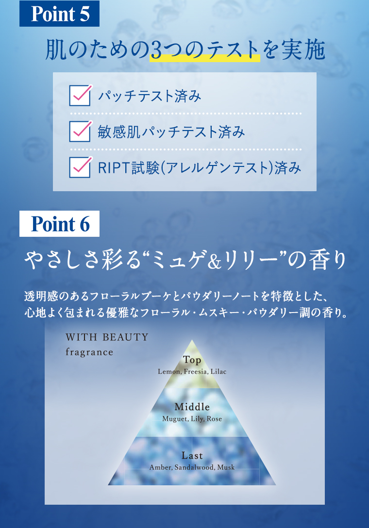 POINT05 3つのテストを実施 POINT06ミュげ＆リリーの香り